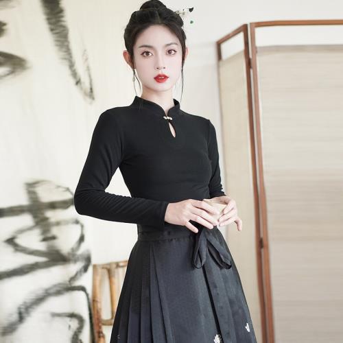 新中式上衣配馬面裙的t恤修身顯瘦新中式襯衫女長袖國風盤扣小衫