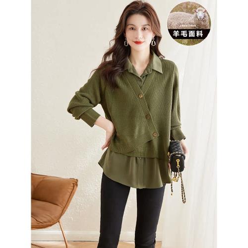 假兩件羊毛上衣女高端新款洋氣針織羊絨打底衫春秋季毛衣拼接襯衫