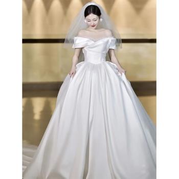 一字肩緞面婚紗2024新款新娘法式高級質感孕婦大拖尾出門主紗