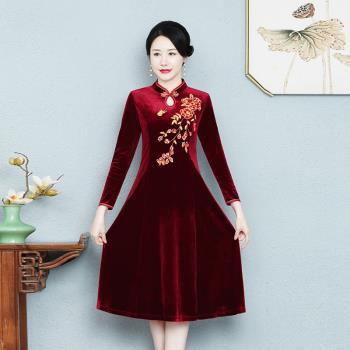 旗袍女金絲絨婚禮連衣裙改良旗袍
