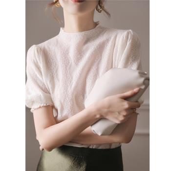 白色蕾絲短袖t恤女夏季圓領氣質鉤花鏤空針織衫T薄法式泡泡袖上衣