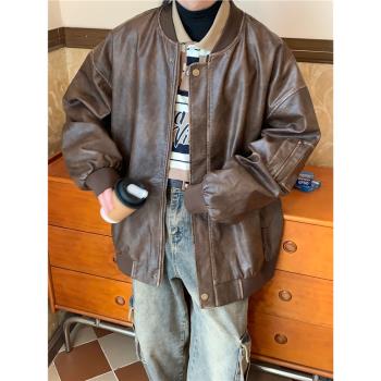 C2自制美拉德復古皮衣外套擦皮做舊潮牌寬松情侶飛行員夾克棒球服