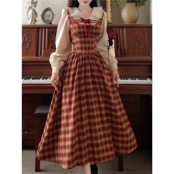 法式復古紅色假兩件格子裙女秋冬大碼減齡學院風日系娃娃領連衣裙