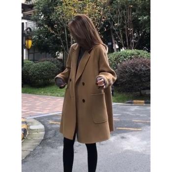 2024新款韓版駝色寬松雙面羊毛大衣女中長款秋季西裝領毛呢子外套