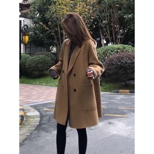 2025新款韓版駝色寬松雙面羊毛大衣女中長款秋季西裝領毛呢子外套