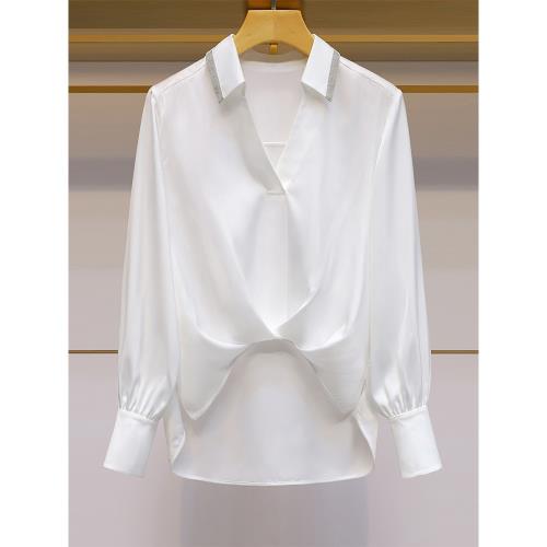 高端輕奢2025新款復古簡約別致寬松上衣氣質通勤設計感白色襯衫女