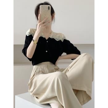 高級感法式蕾絲上衣設計感小眾女夏獨特別致韓系黑色寬松雪紡襯衫