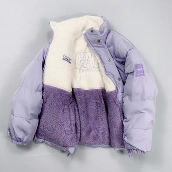 韓國羽絨服女2024年新款短款兩面穿加厚羊羔絨麵包服冬裝紫色外套