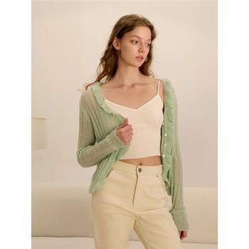 RAYNA·G/芮納紀 超美檸綠波浪邊設計針織衫修身顯瘦小翻領開衫女