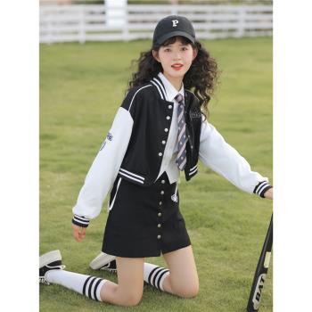 玲玖vintage短款美式復古棒球服女學院風半身裙辣妹甜酷兩件套裝