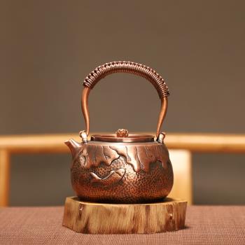 日本北越堂銅壺純手工一張打小紫銅茶壺煮水泡壺茶煮茶器年年有魚