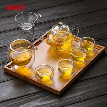 美斯尼竹制茶盤整套功夫茶具過濾茶壺耐熱玻璃茶具套裝泡茶家用