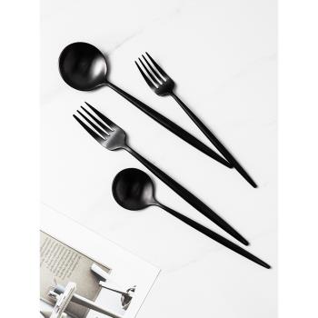 米立風物黑色不銹鋼刀叉ins風餐具家用高檔甜品勺子叉子吃飯勺子