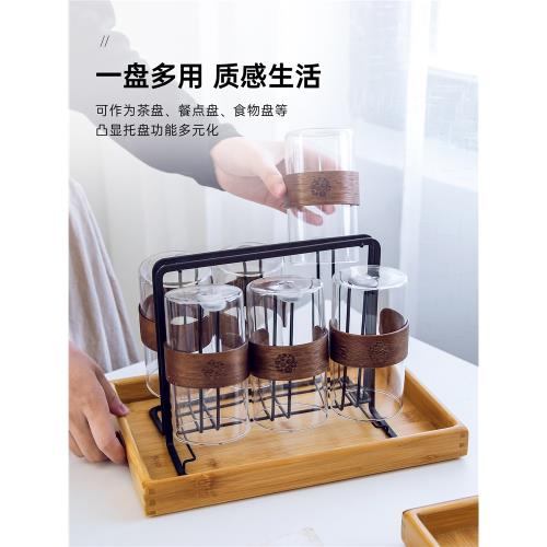 日式竹子托盤竹木制茶盤家用水杯托盤長方形竹盤酒店餐廳木質托盤|磁碟