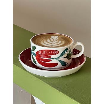 中古風復古手繪酒紅色陶瓷咖啡拿鐵杯碟下午茶拉花咖啡杯伴手禮