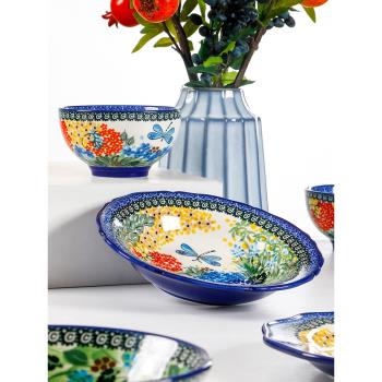 OMK 創意波蘭風陶瓷盤子手繪釉下彩不規則草帽湯盤家用菜盤碗組合