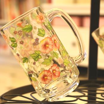 韓國花色高檔玻璃印花水杯茶杯加厚無鉛玻璃耐高溫帶柄啤酒杯奶杯