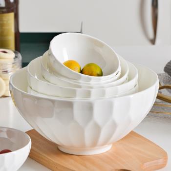 家用骨瓷碗套裝創意個性純白飯碗10只北歐浮雕微波爐專用湯碗面碗