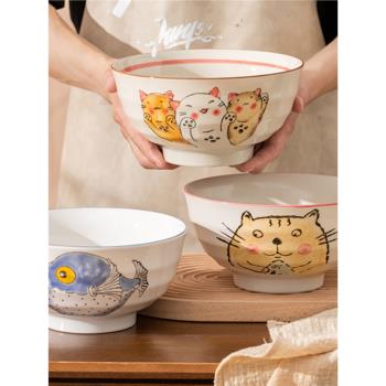 日式湯面碗高腳陶瓷家用創意個性小清新卡通手繪吃面大碗可愛單個