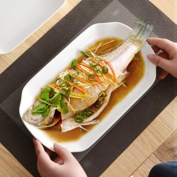 大尺寸魚盤家用高級感蒸魚盤子陶瓷魚盤純白骨瓷深盤長方形菜盤