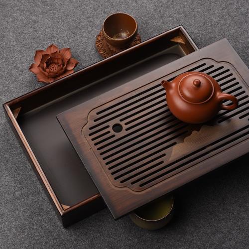 平安陶樂造 金彩竹紋 食籠 蓋 煎茶道具 竹制茶盤家用儲水式干泡臺小型蓄水茶臺辦公室竹茶海簡約茶具托盤|茶盤