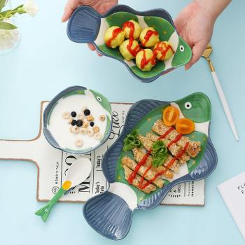 日式陶瓷餐具套裝手繪創意鯊魚盤子兒童飯碗勺家用碗碟禮品餐盤子
