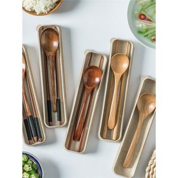 日式筷子勺子套裝木質筷子單人裝便攜餐三件套的旅行簡約勺筷套盒