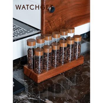 watchget豆罐展示架黑胡桃木咖啡豆粉單雙排分裝玻璃試管收納保存