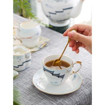 新中式咖啡杯套裝中國風家用創意金邊插畫骨瓷下午茶茶具杯碟禮盒