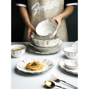 舍里田園風網紅餐具小清新碗碟套裝家用陶瓷米飯碗菜盤子組合套裝