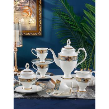 歐式浮雕金骨瓷咖啡具套裝21件咖啡壺咖啡杯碟糖缸奶缸下午茶套具