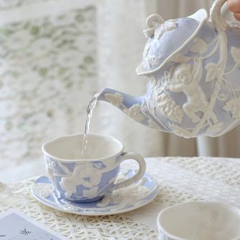 英式茶杯復古浮雕咖啡杯碟水壺套裝家用擺設歐式宮廷風下午茶餐具