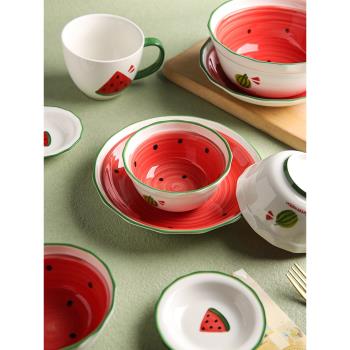 舍里 網紅西瓜陶瓷餐具可愛少女心飯碗沙拉碗家用創意湯碗菜盤子