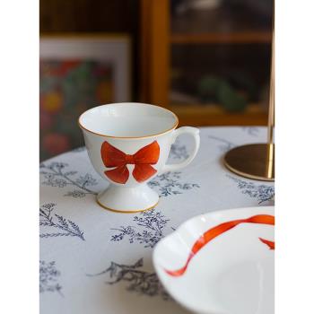 手繪|蝴蝶結 歐式高級感骨瓷高足咖啡杯節日風禮品禮物陶瓷水杯