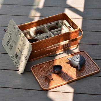 大漆竹編茶具收納盒 仿古桌面收納筐箱 防塵提籃食盒便攜茶箱竹包