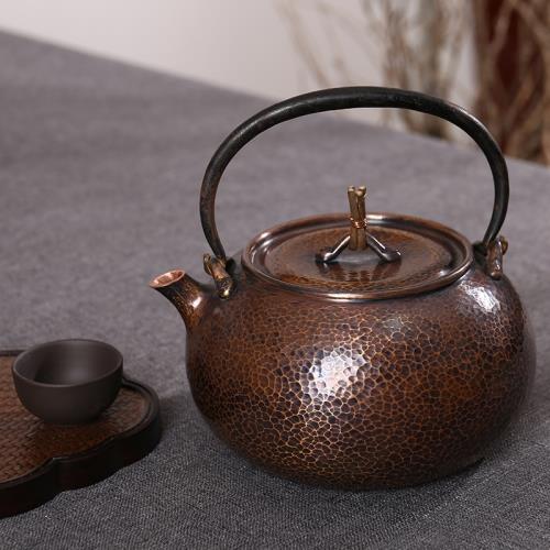 北村靜香純手工錘紋款紫銅茶壺純銅一片打紅銅燒水壺1.2L燒水壺|茶壺