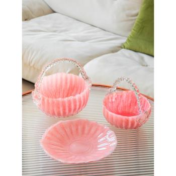 現代輕奢粉色手提籃水果盤干果零食點心客廳餐桌茶幾創意裝飾擺件