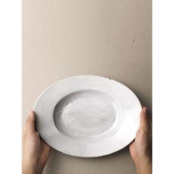 九土盤子日式粗陶復古餐具手工橢圓盤碟蒸魚盤深盤微波爐家用食器