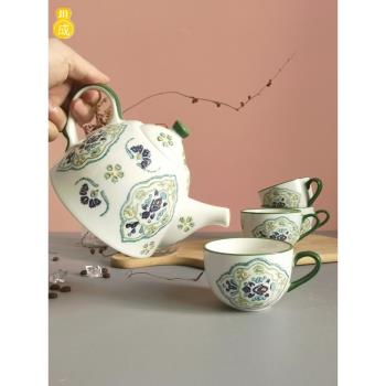 歐式創意茶具套裝咖啡器具手繪花朵茶壺帶濾網淺浮雕茶杯咖啡杯