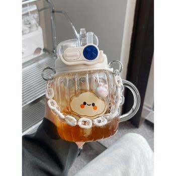 水杯玻璃杯女生新款2024高顏值網紅家用喝水帶把便攜雙飲吸管杯子