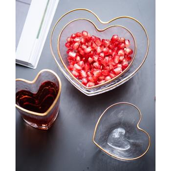 創意愛心形金邊錘紋玻璃碗杯水果沙拉碗早餐燕麥碗網紅燕窩甜品碗