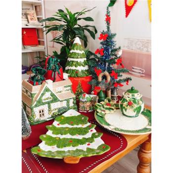 外貿陶瓷擺件 房子造型擺設 圣誕樹大盤子 儲物收納罐子 蝴蝶結盤