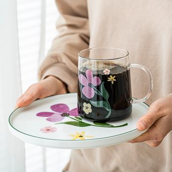 高硼硅玻璃杯小花家用透明耐熱早餐杯喝水辦公杯牛奶杯陶瓷湯盤