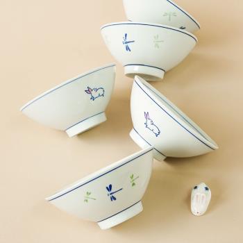 童年回憶手繪蜻蜓兔子5寸陶瓷三角米飯碗水果面碗高溫燒制釉下彩