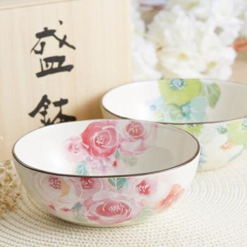 日本進口美濃燒陶瓷花水彩2入缽木制禮盒套裝前菜缽料理缽