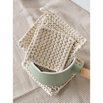 自然而然 日式創意加粗棉線編織方形杯墊米色加厚茶壺墊隔熱桌墊