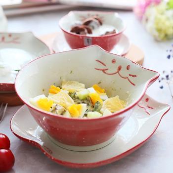 日式萌貓陶瓷大碗湯面碗拌面碗木下同款卡通動物兒童沙拉碗吃飯碗
