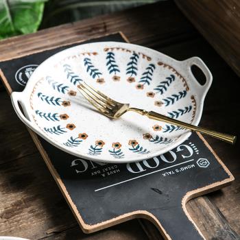 復古日式小花餐具碗碟套裝手繪粗陶米飯碗水果碗餃子分隔盤雙耳盤