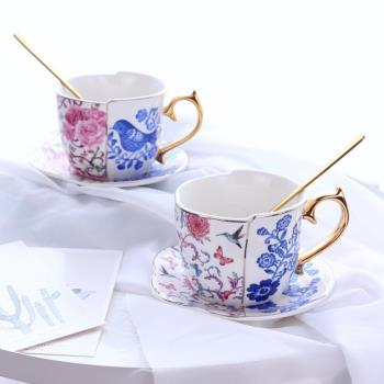新中式精致復古輕奢描金把不規則咖啡杯碟中西合璧青花斗彩陶瓷杯