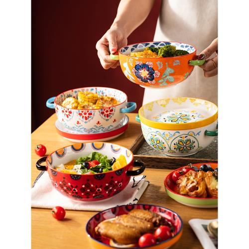 繁花雙耳碗家用泡面碗帶蓋湯碗陶瓷餐具碗盤湯盆大碗飯碗個人專用